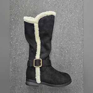 Dream Pairs Girls Mid-Calf Boots - Black Faux Suede Shearling Fur Trim Buckle